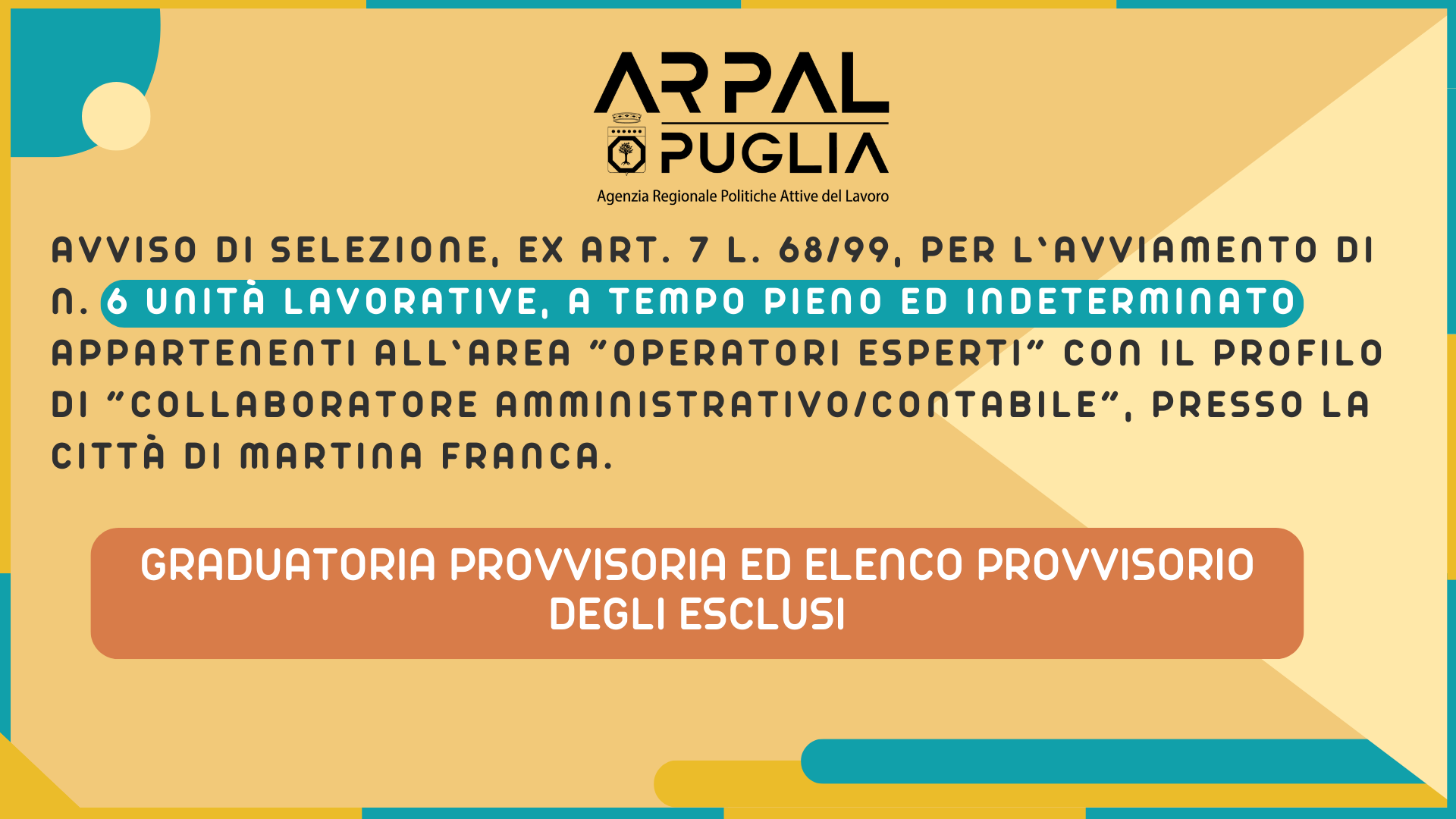 𝗔𝗿𝘁. 𝟳 𝗟. 𝟲𝟴/𝟵𝟵 - Avviamento a selezione per l’assunzione, a tempo indeterminato e pieno, di 6 𝘂𝗻𝗶𝘁𝗮̀ 𝗹𝗮𝘃𝗼𝗿𝗮𝘁𝗶𝘃𝗲.